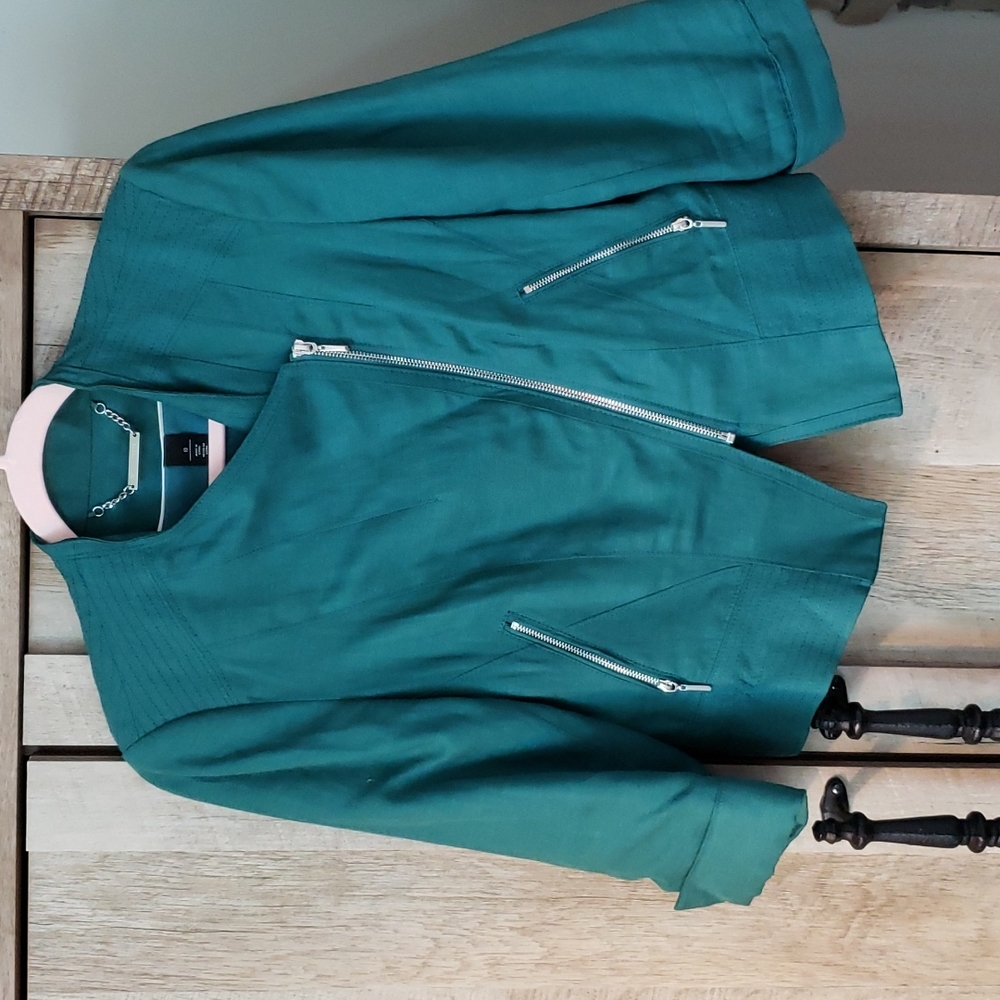 White House Black Market Linen Blend Teal Green Moto Jacket Size 10